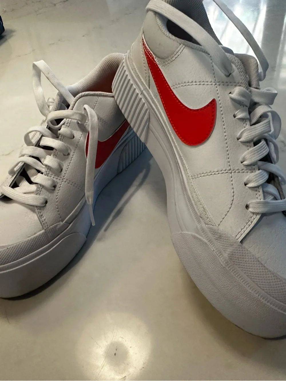 Nike White Low Platform Sneakers with Orange Swoosh and Leopard Accent size 8.5